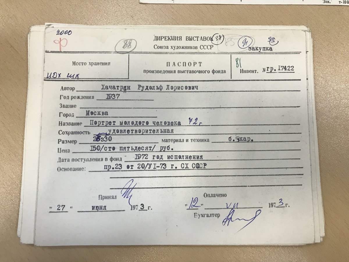 Учётная карточка ВХПО / паспорт работы «Портрет молодого человека» — Рудольф Хачатрян