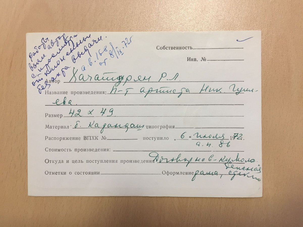 стр. 73 · RKh-Doc-0068 · Учётная карточка ВХПО / паспорт работы «Портрет артиста Ник»