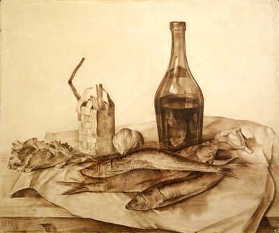 Натюрморт с рыбой и бутылкой